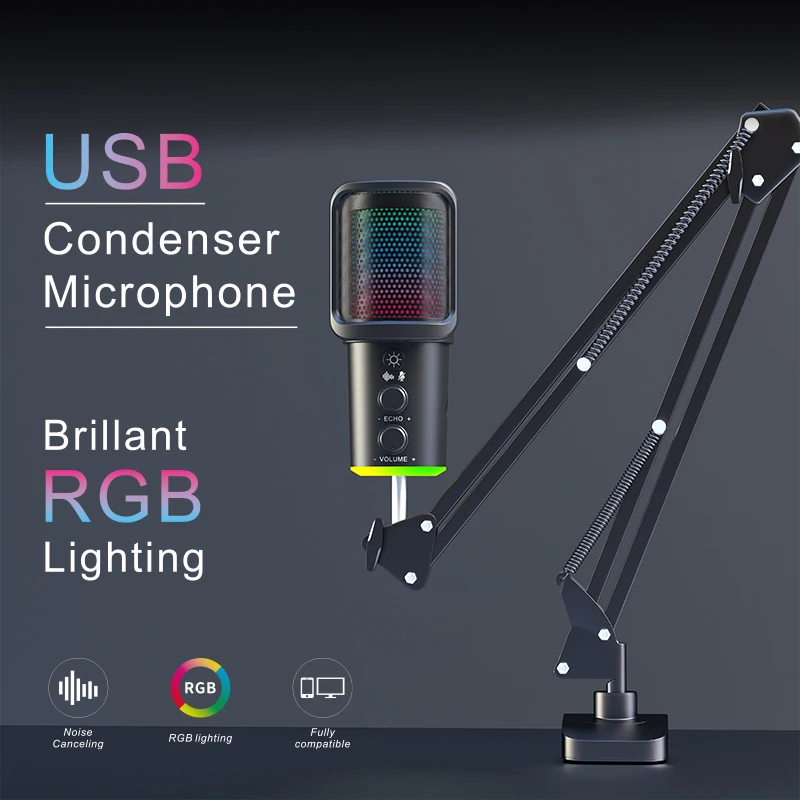 

USB Condenser Microphone RGB Esports Game Call Recording Condenser Mic with Metal Boom Stand Desktop Mic for Studio Recording