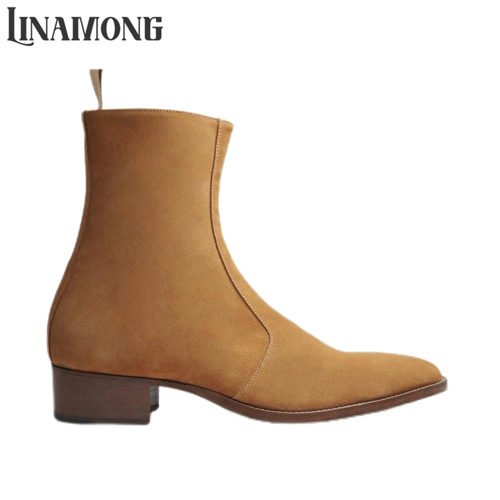 Ankle High Side Zip Panel Booties Pointed Round Toe Crocodile Leather Velvet Boots Classic Concise Style Business Boots for Men