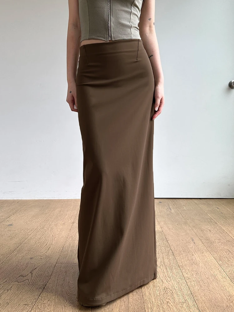 Sexy American Retro Brown Straight Cut  Skirt Low Waist Slit Daily Wear Polyester Fabric Fish Tail Long Dress