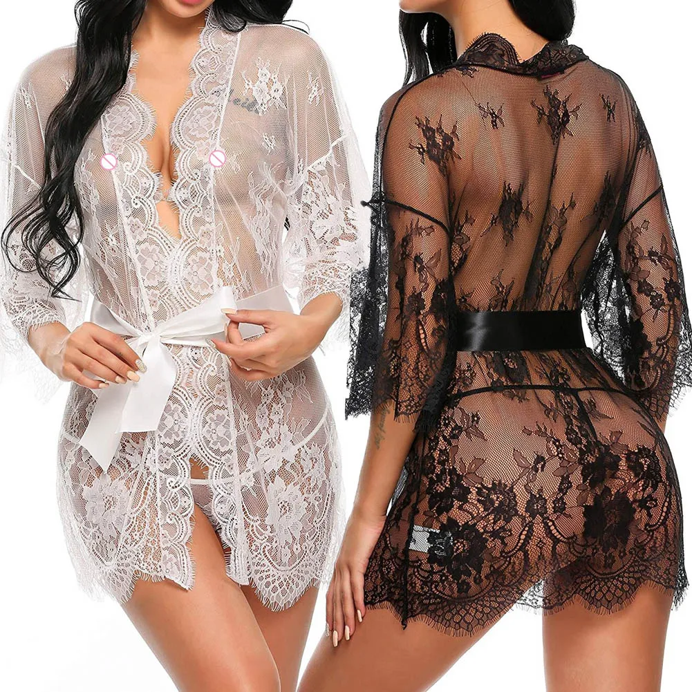 Robe de nuit sexy en dentelle transparente pour femme, lingerie, vêtements de nuit, bandage, V profond, string, transparent