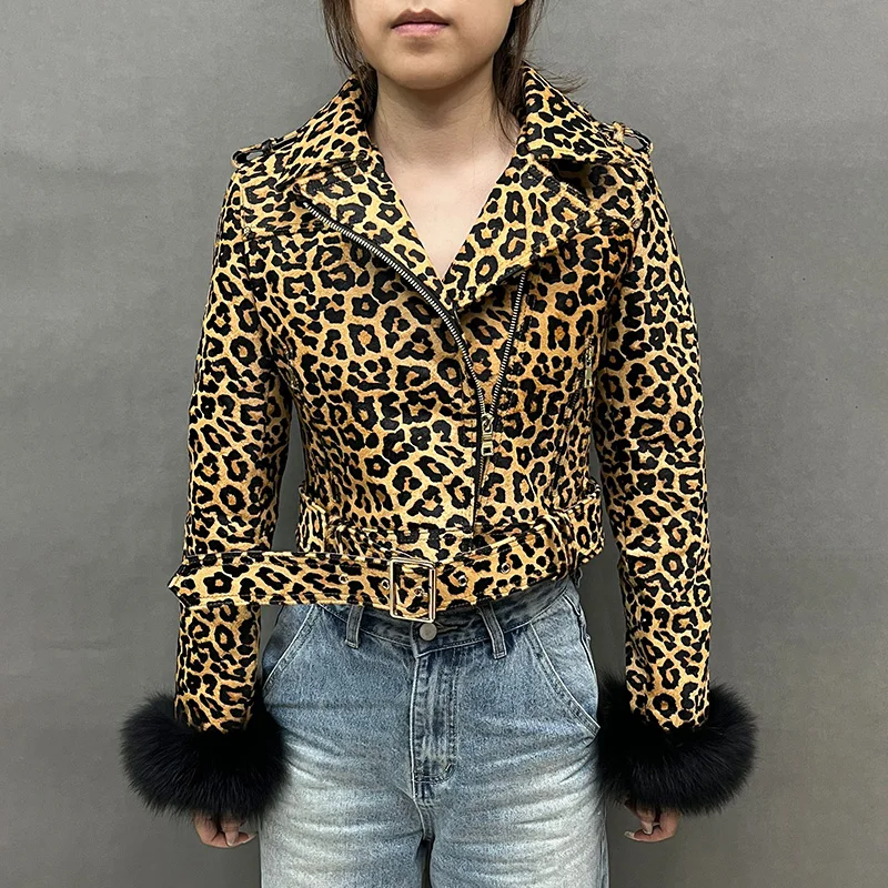 2024 New Women Genuine Sheepskin Leather Jacket Fashion Winter Leopard Print Leather Coat with Fox Fur Cuffs Lady Autumn GT6321