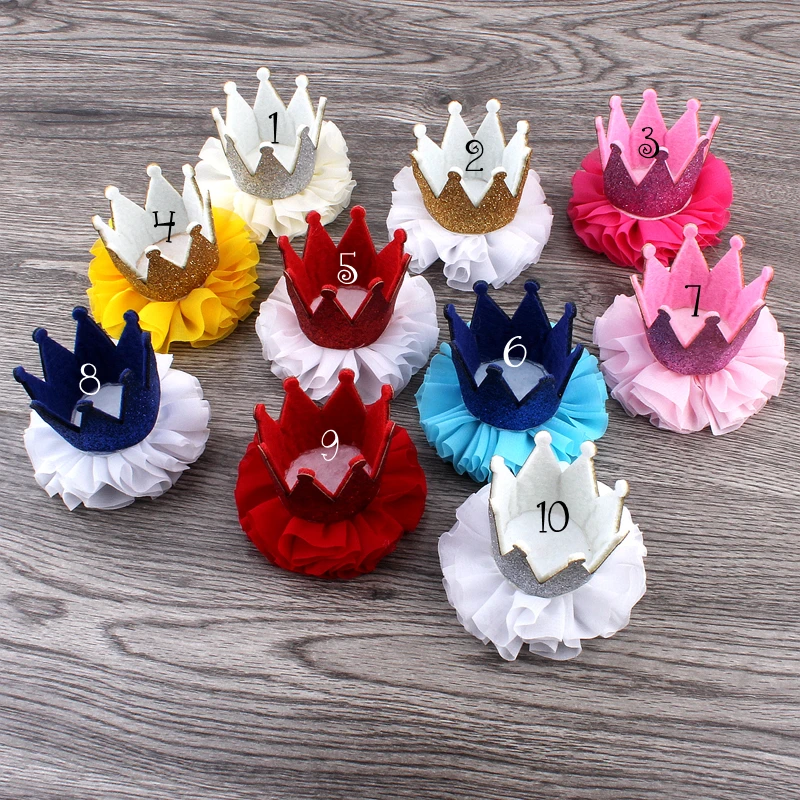 

120pcs/lot 5colors Newborn 3D Felt Kids Crown+Chiffon Flower For Girl Hair Accessories Glitter Felt Crown For First Birthday Hat