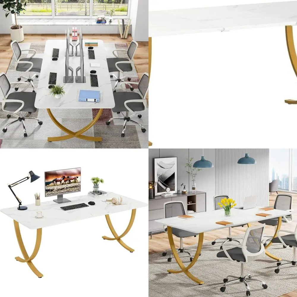 Meja Kantor Modern Besar 63 Putih & Emas, Meja Konferensi Eksekutif untuk Rapat Bisnis