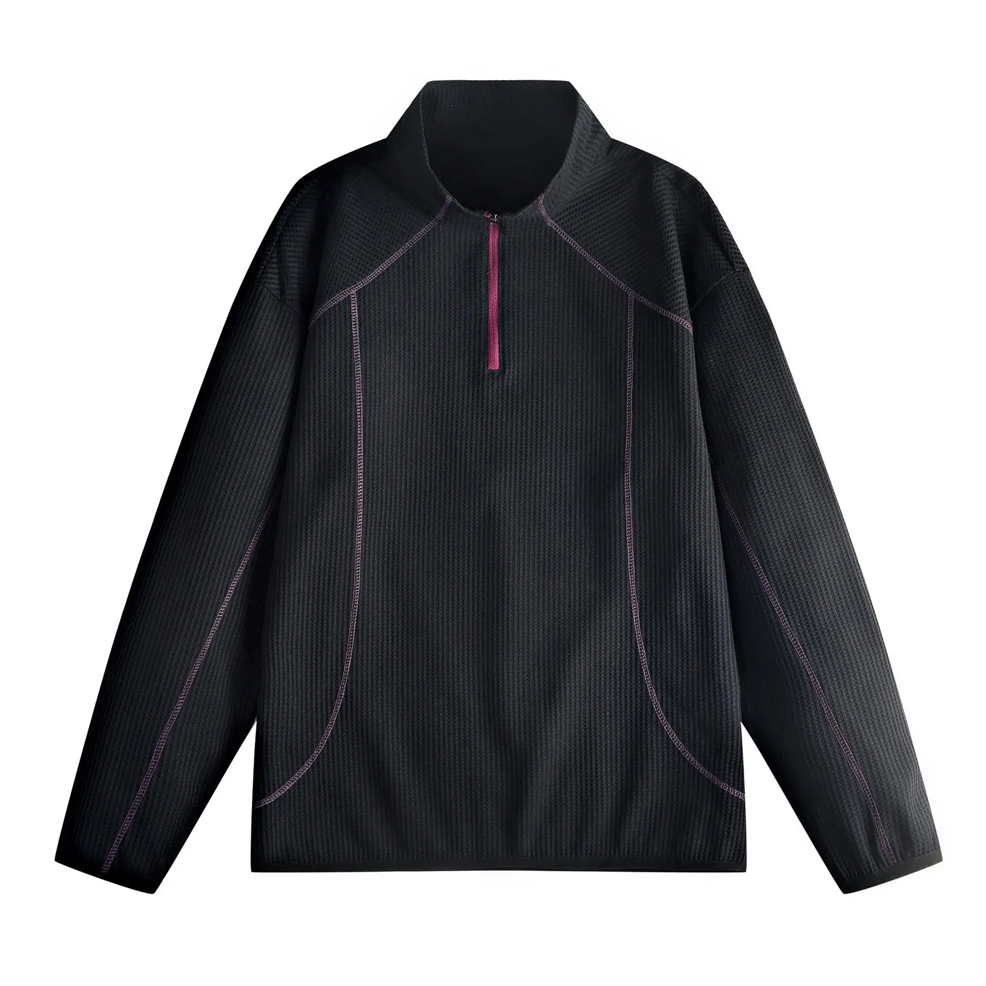Spring New Men Waffle Half Zip Pullover Stand Collar Structural Stitching Lightweight Breathable Casual Loose Long Sleeve Sweats
