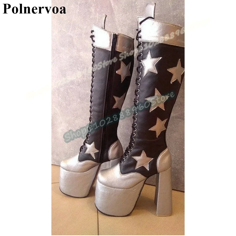 

Mid Calf Mixed Star Platform Cross Tied Boots Chunky High Heel Shoes For Women Side Zipper Round Toe Stylish Party Women Boots