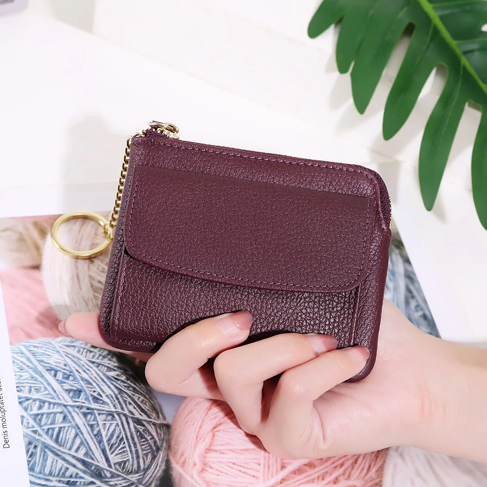 2023 New Genuine Leather Women Mini Wallet Ladies Short Wallets and Purses Zipper Leather Coin Purse Keychain Coins Pocket Bag