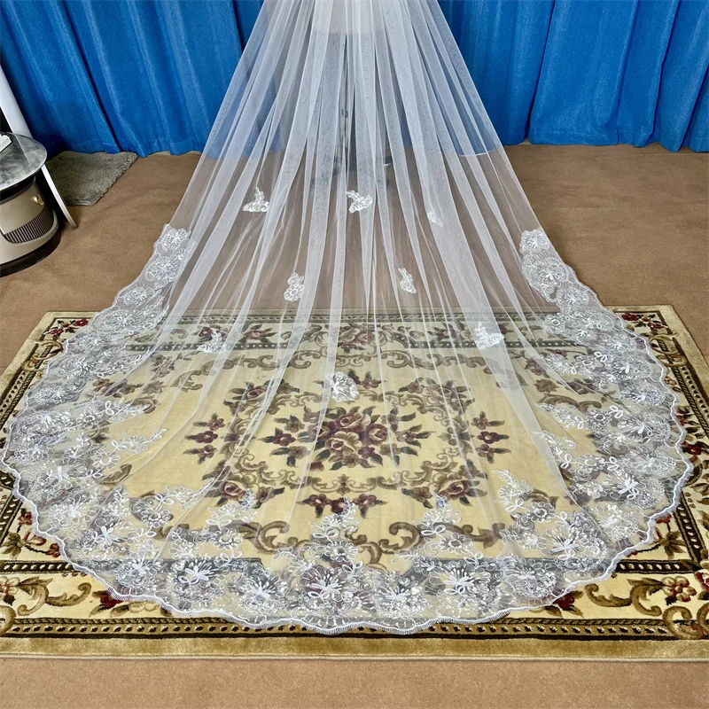 

New One Layer White Ivory Cathedral Bridal Veils Sequin lace Boda wedding accessories wedding dress bride Bridal Veil