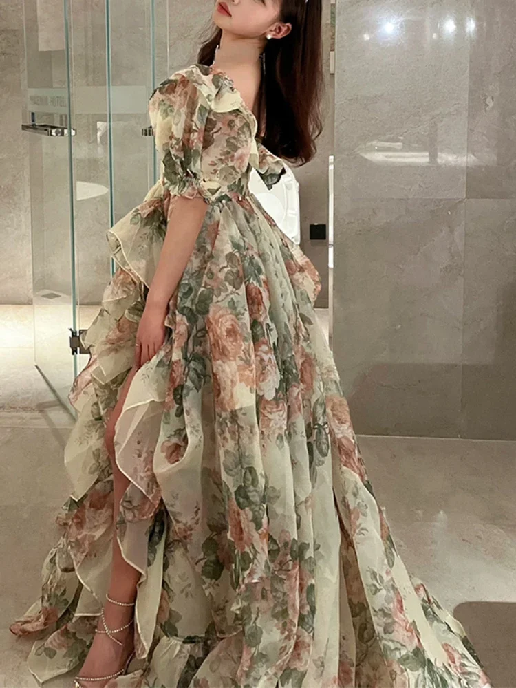 Print Floral France Vintage Dress Women Open Fork Elegant Evening Party Midi Dress Puff Sleeve Korea Sweet Dress Female 2023 New