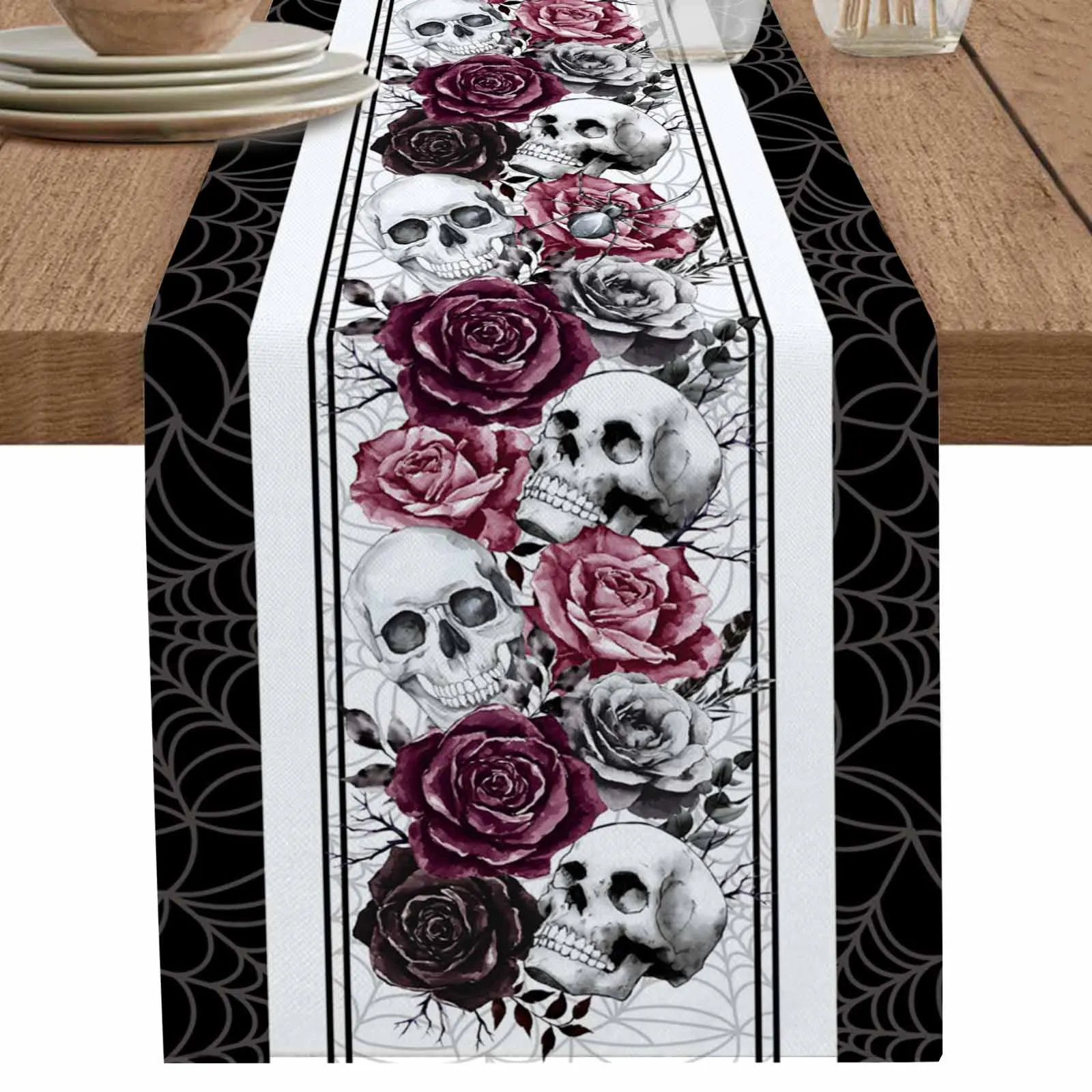 

1 шт. винтажные Хэллоуин черные розы череп настольная дорожка вечерние полиэстеровое покрытие для стола для украшения дома и столовой