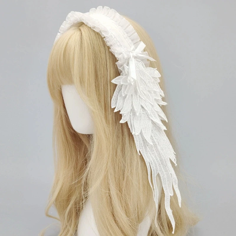 Feather Hair Clip Goth Gothic Bow Hairpins Children Kawaii Barrettes Girls Lolita Hair Accessories Angel Wings Lace Headpiece