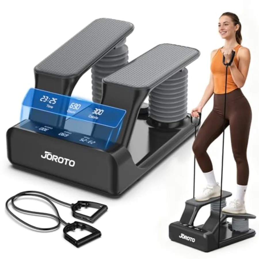 Home exercise stepper with steel frame, black finish, LED monitor and resistance bands for low-impact cardio and strength train