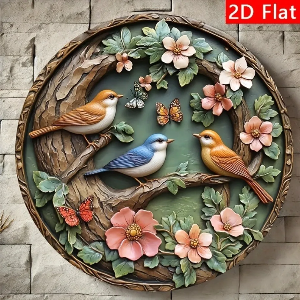 Bird Theme Round Plaque - 2D Printed Wall Decor for Bar Kitchen Cafe Home Office, Nature-Themed Party & Holiday Gift