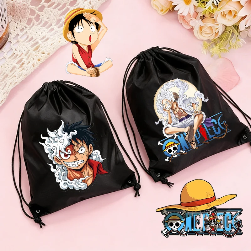 

Ones Piece Anime Boys Black Drawstring Bags Sports Gym Case Foldable Portable Pocket Double Shoulder HandBag Kids Cute Game Role