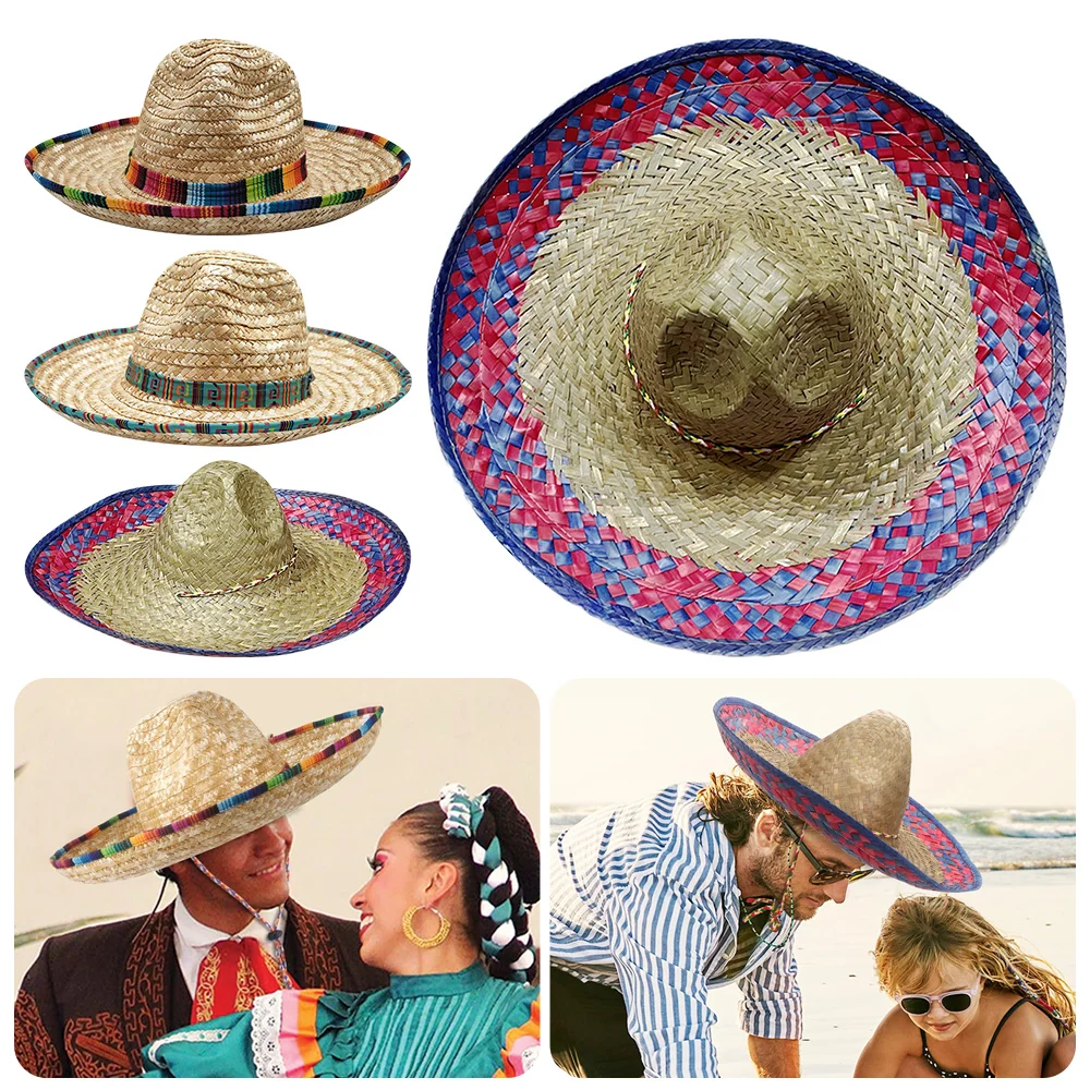 

Mexican Sombrero Hat Authentic Mexican Costume Straw Weave Beach Sun Hat Wide Brim Breathable Sunshade Caps for Outdoor Holiday