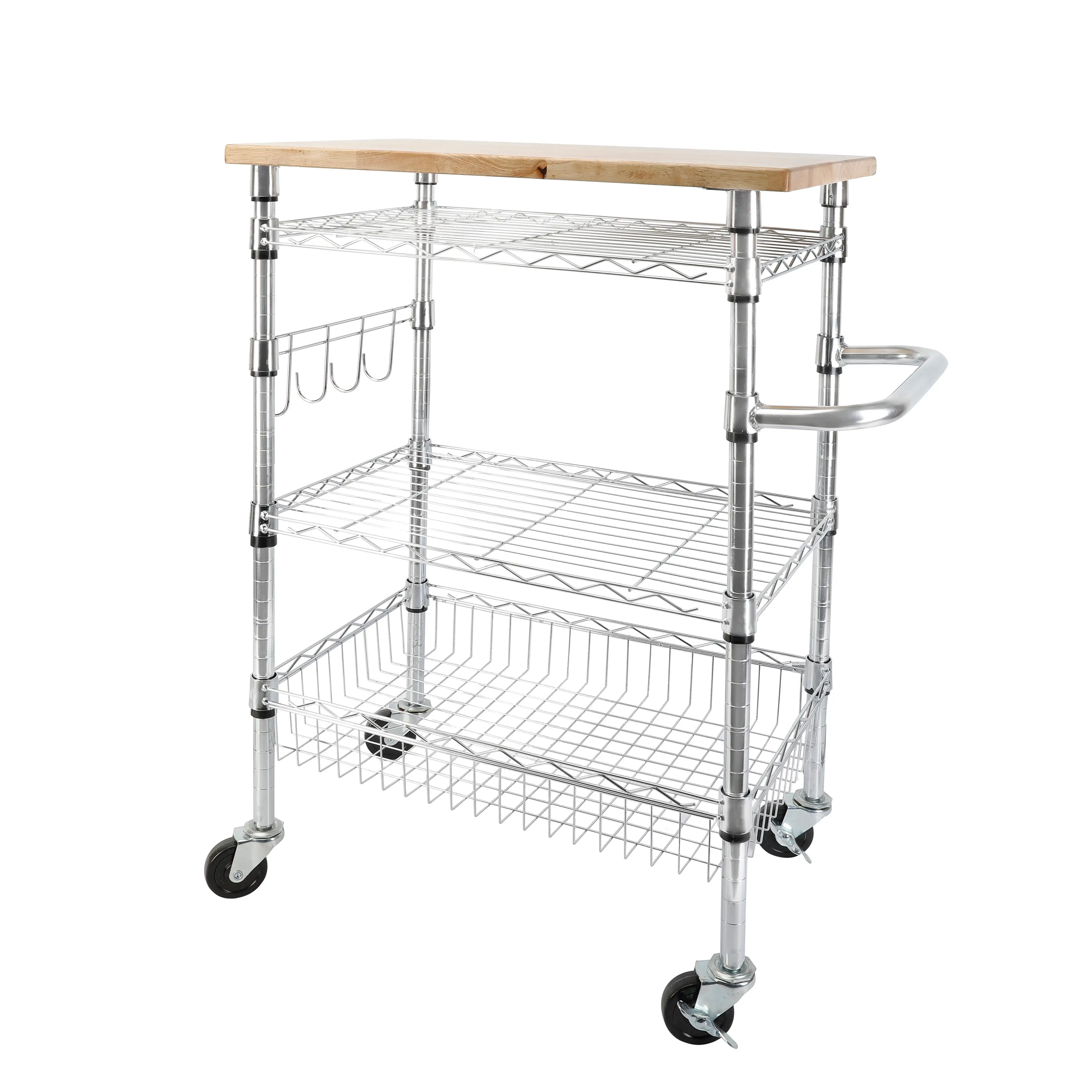 

3-Tier Chrome Rolling Cart with Wood Top 30.3”W x 16”D x 37.2”H