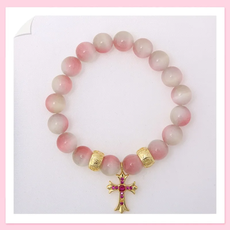 

Gold-plated Bracelet with Diamond Cross Natal Year Lucky Beads Gradual Change Natural Stone Fashion Men's and Women's Bracelet C
