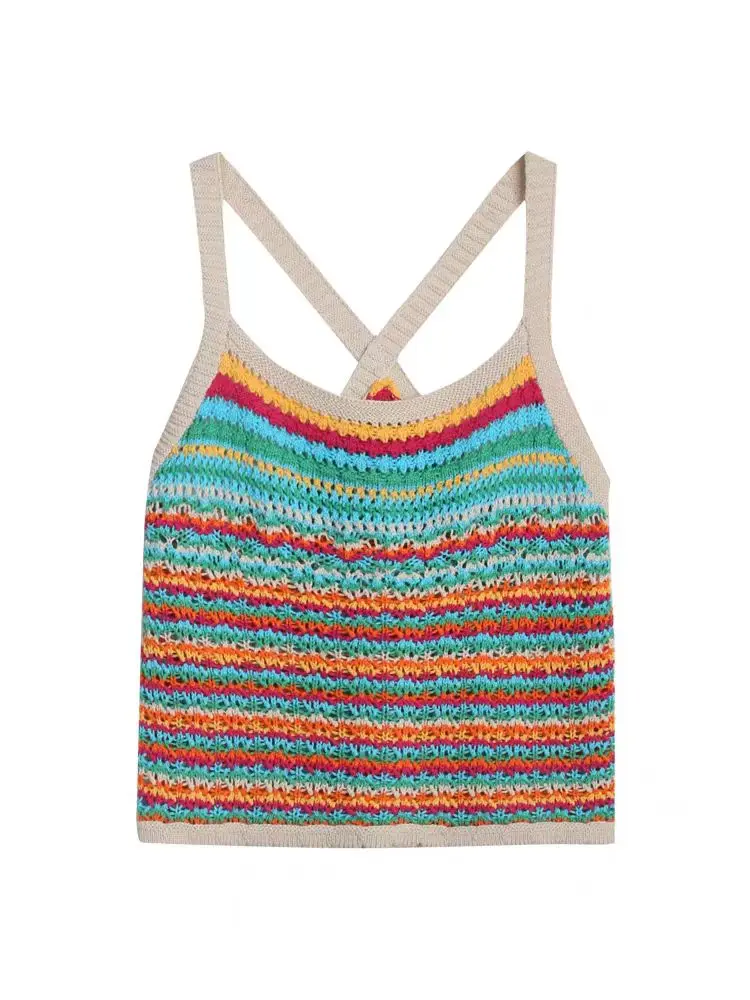 Sleeveless Striped Knitted Colorful Crop Tops Summer Casual Slim Vest Designed New Holiday Beach Chic Tank Top Women