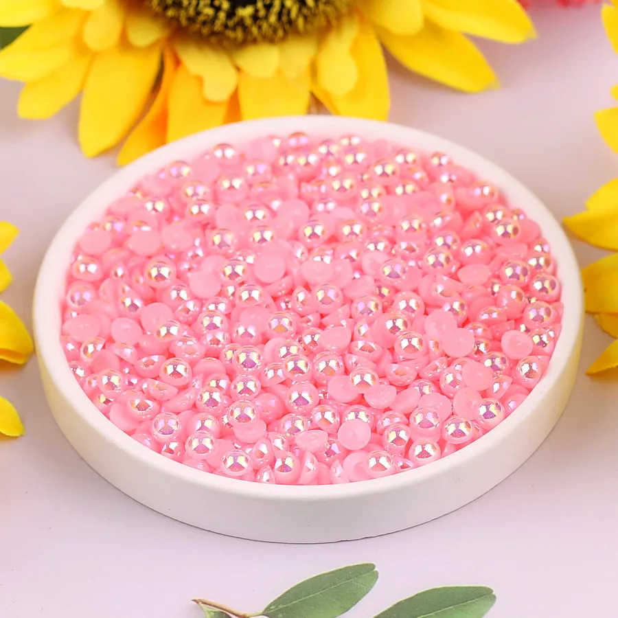 2MM-10MM,7 Sizes, Pink AB Color Flatback Half Round Pearl Rhinestones, Multi Colors Crystal Gems Non HotFix DMC Jewelry Beads