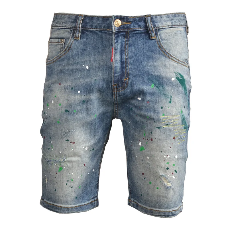 Summer thin ripped denim shorts men's trendy brand spray painted elastic slim fit small feet scraped patch casual cropped pants
