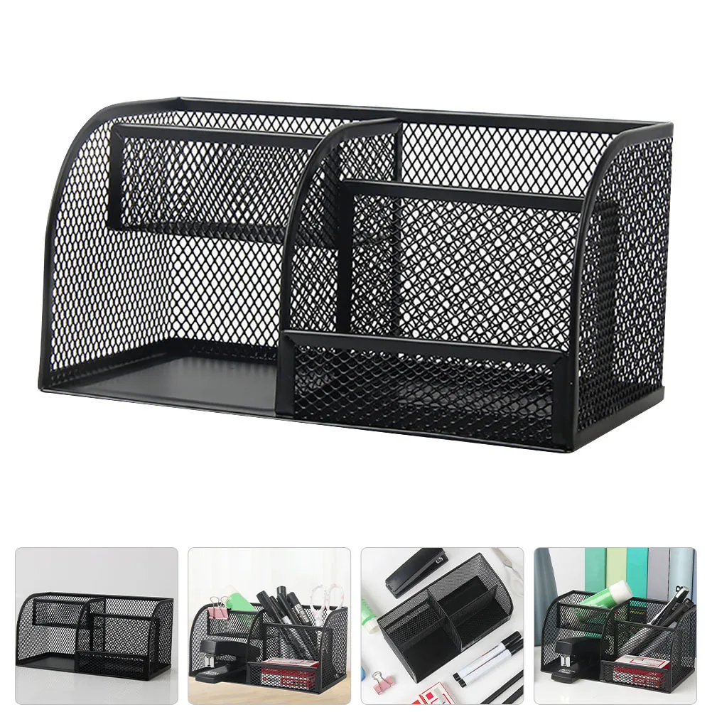 Metal Desk Organizer Black Premium Iron Multi-Function Table Storage for Stationery Pens Remote Controls Home Office Study