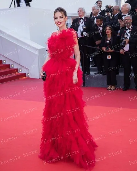 O-neck Ruffles Tulle Ball Gown Layered Evening Dresses For Women Red Celebrity Dresses Prom Gown Woman Clothing Custom Made