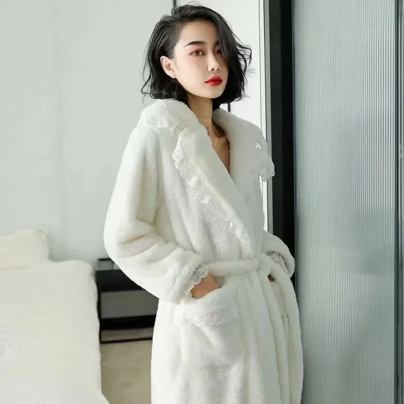 Women Dressing Gown Autumn Winter Thicken Warm Female Coral Velvet Pajama Dress Long Outer Loungewear Set V-neck Lace Edge Robes