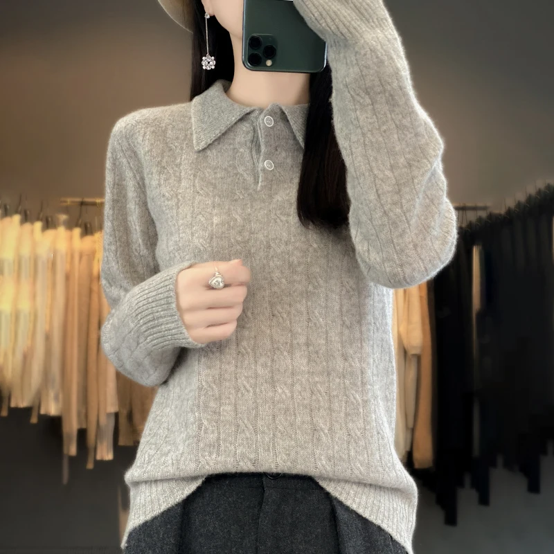 

2025 Autumn Winter New Polo Collar Women's Sweater Ribbed Knit Pattern Pullover Versatile 100% Pure Wool Sweater