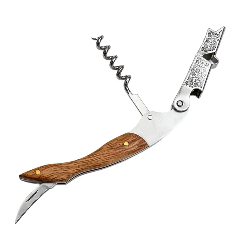 Korkenzieher für professionelle Kellner, Weinschlüssel mit ergonomischem Holzgriff, Bierflaschenöffner und Folienschneider – Detail 3