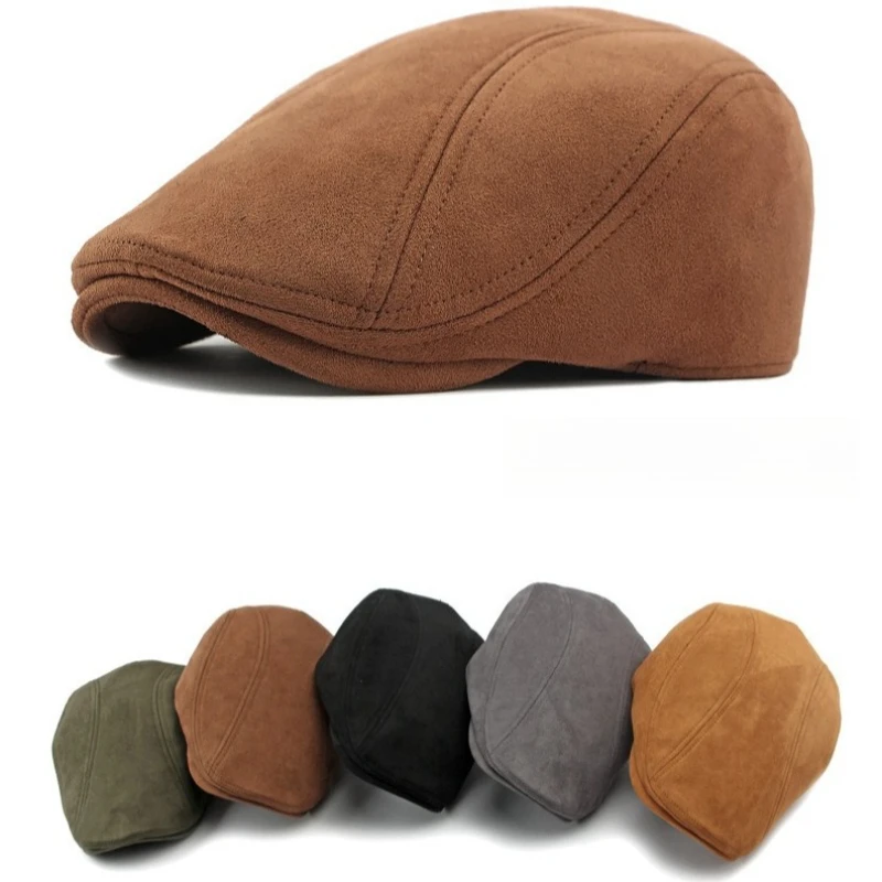 Men Faux Suede Ivy Flat Cap Solid Color Vintage Stitching Newsboy Cap Warm Gentleman Hat Autumn Winter Outdoor Driving Beret Cap