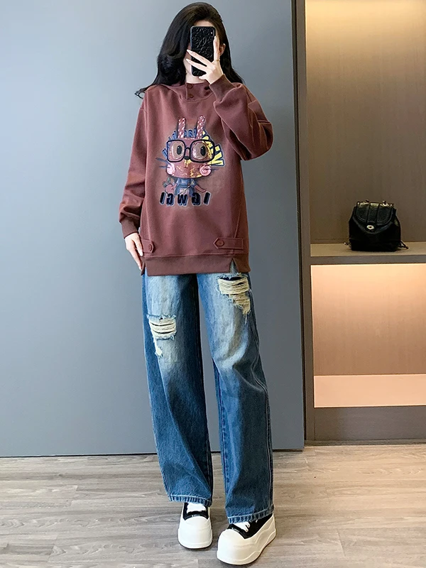 

Chic Sweatshirt And Wide Leg Jeans Women's Fashionable Two Piece Set Cute Casual Sportswear Comfortable Long Sleeve Hoodie
