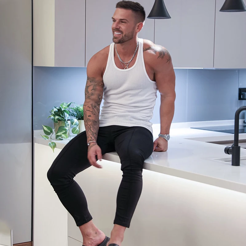 Plain Slim Fit Stretch Knit Fabric Tank Tops Men Fitness Sleeveless Sport Strip Y-back Gym Bodybuilding Tight-fitting Vests