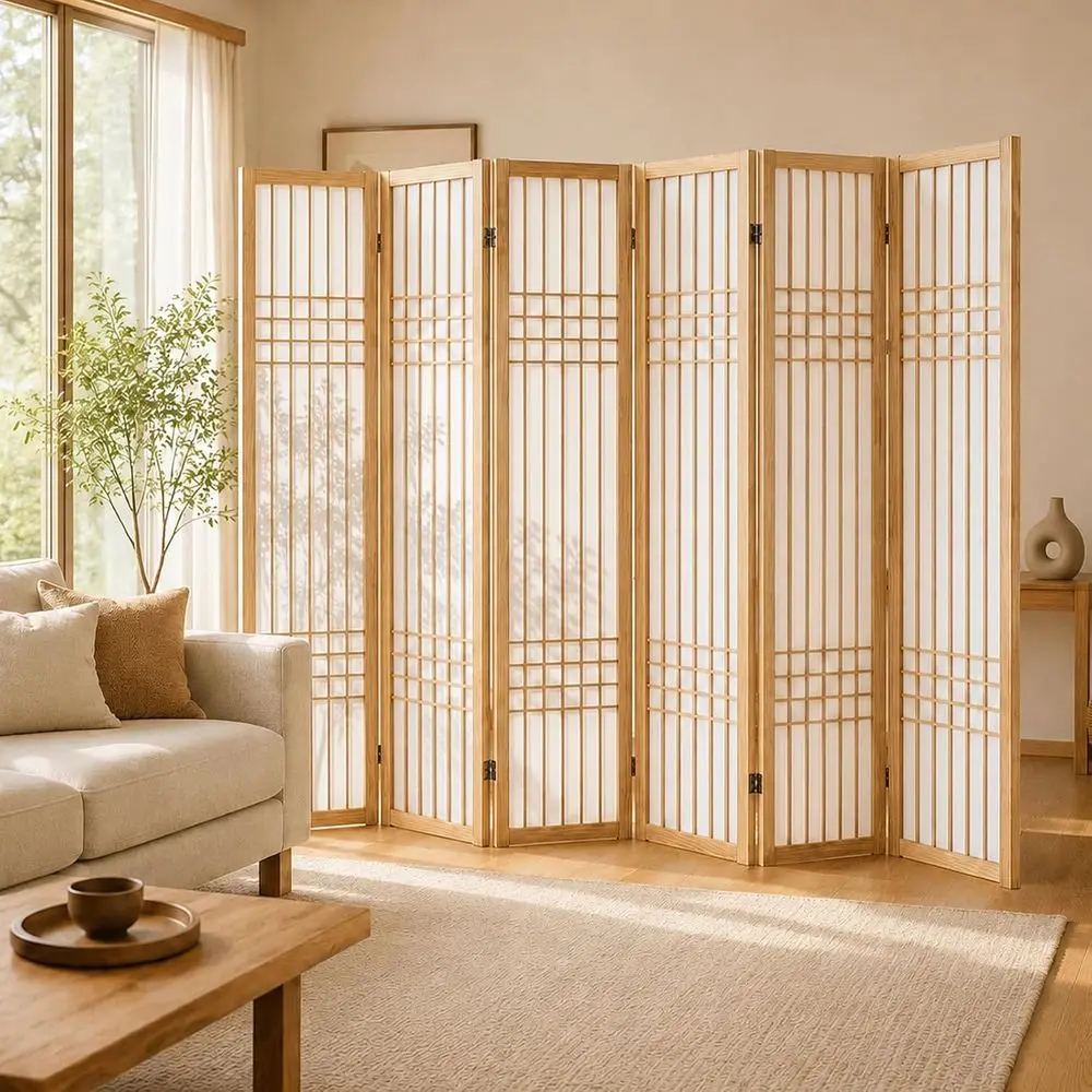 Light Brown 6-Panel Room Divider: Elegant Japanese-Style Indoor Partition for Privacy & Decor
