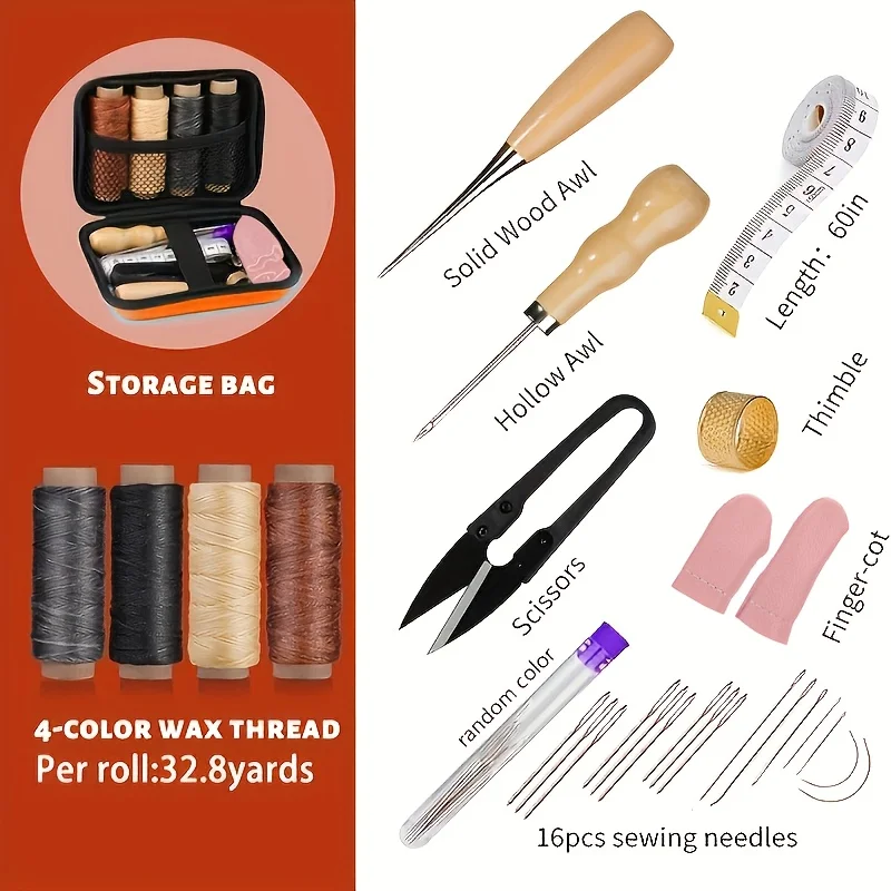 28-Piece Orange Leather Sewing Set - Includes Sewing Awl Sewing Needles Waxed Thread Suitable for Leather Sewing
