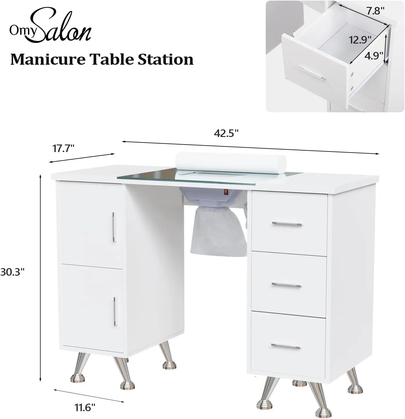 OmySalon Manicure Table Nail Desk，Glass Top & Wrist Rest, Decor Workstation Acetone Resistant w/2 Side Cabinet+3 Drawers