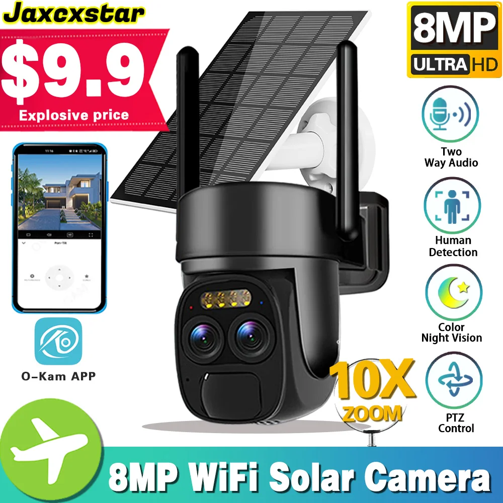 

10X Zoom Dual Lens WIFI Solar Cameras 8MP Wireless Surveillance PTZ Battery Camera 4K Color Night Vision Two Way Audio O-KAM APP