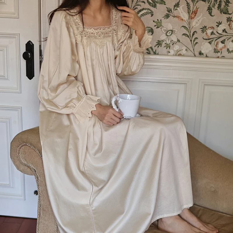 Pure Cotton Vintage Nightgowns Women Autumn Robe Nightie Long Night Dress Wear Victorian Romantic Princess Sleepwear Nightdress - view 4