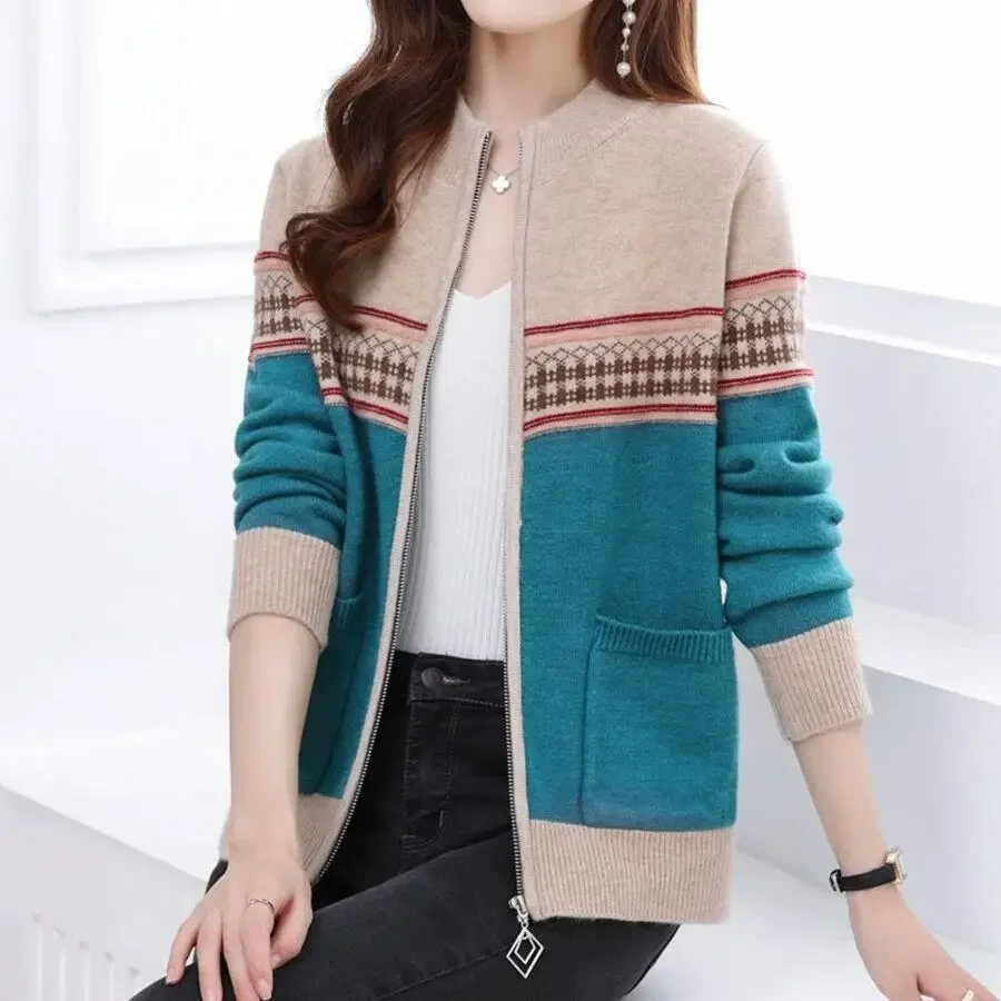 Office Lady Sweaters Simplicity Printing Patchwork Pocket Zipper Casual Fashion Loose Long Sleeve Temperament Women\'s Clothing