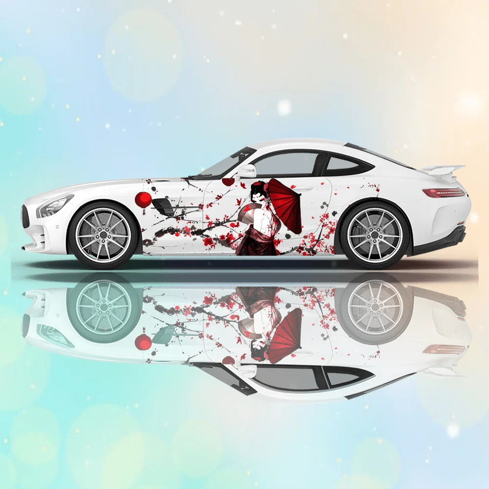 

Наклейка на автомобиль с изображением красной японской гейши с зонтиком и веткой сакуры, цветочный декор для всего кузова, скрывающий царапины, для защиты.