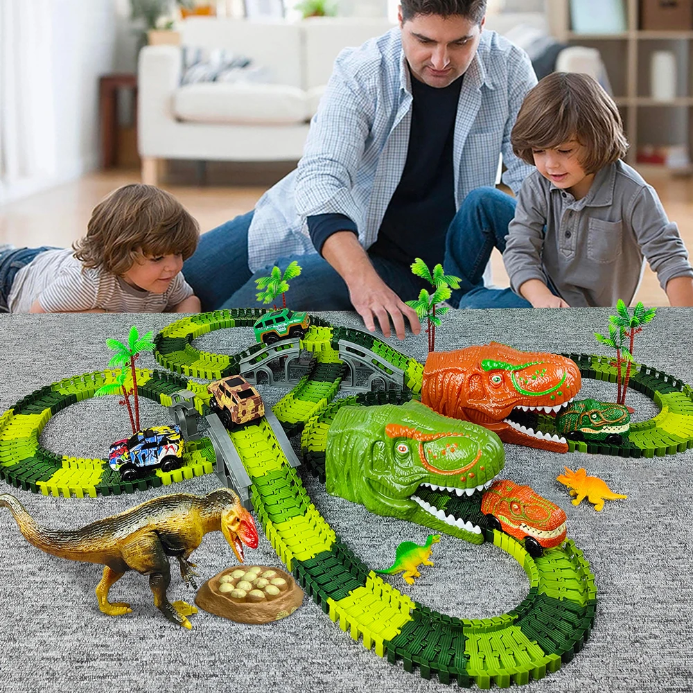 Railway Racing Track Play Set Educational DIY Bend Flexible Race Track Electronic Flash LED Light Car Dino Toys For Children