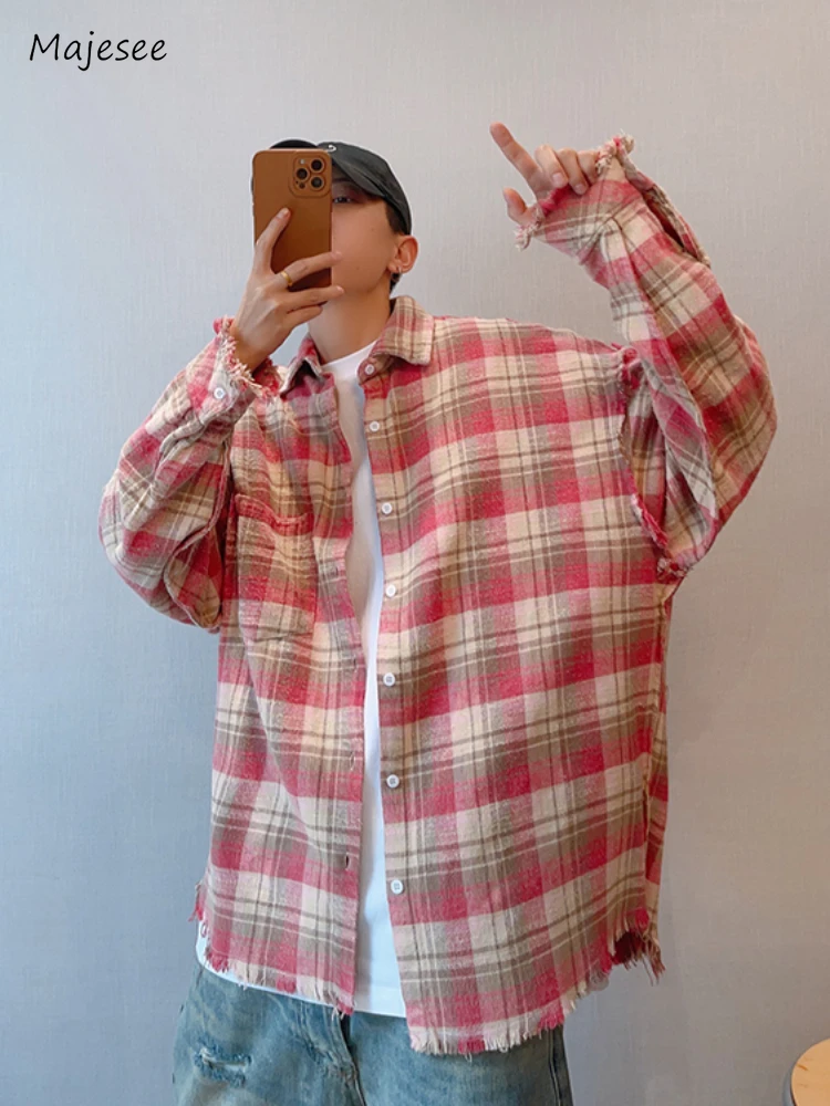 Plaid Shirts Men Autumn Chic Baggy Contrast Color Raw Edge Long Sleeve Japanese Style Handsome Youthful Popular Males Clothing