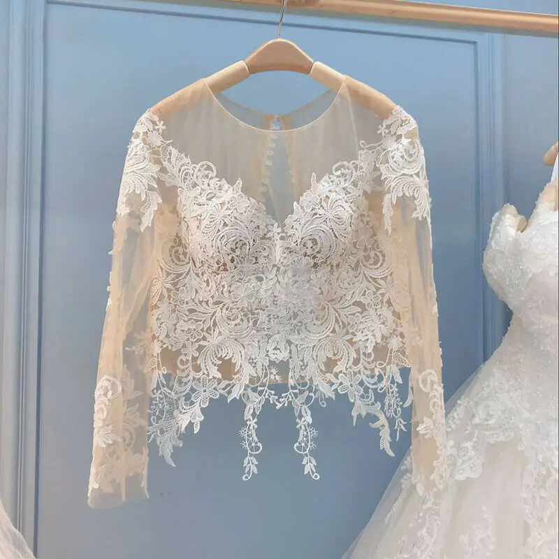 

Long Sleeve Wedding Jacket Appliques Bridal Party Coat Scoop Bridal Bolero Custom Made Wedding Lace Top