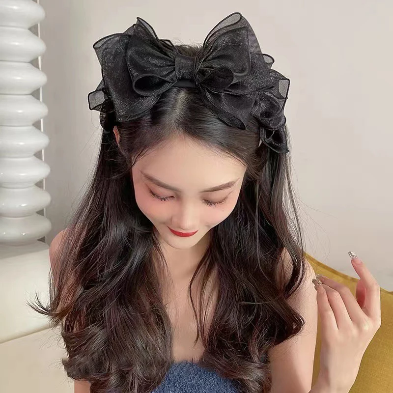 Fashion Black Mesh Big Bow Headband for Women Elegant Bow Hairband Korean Fairy Hair Hoop Sweet Girls Hair Accessories
