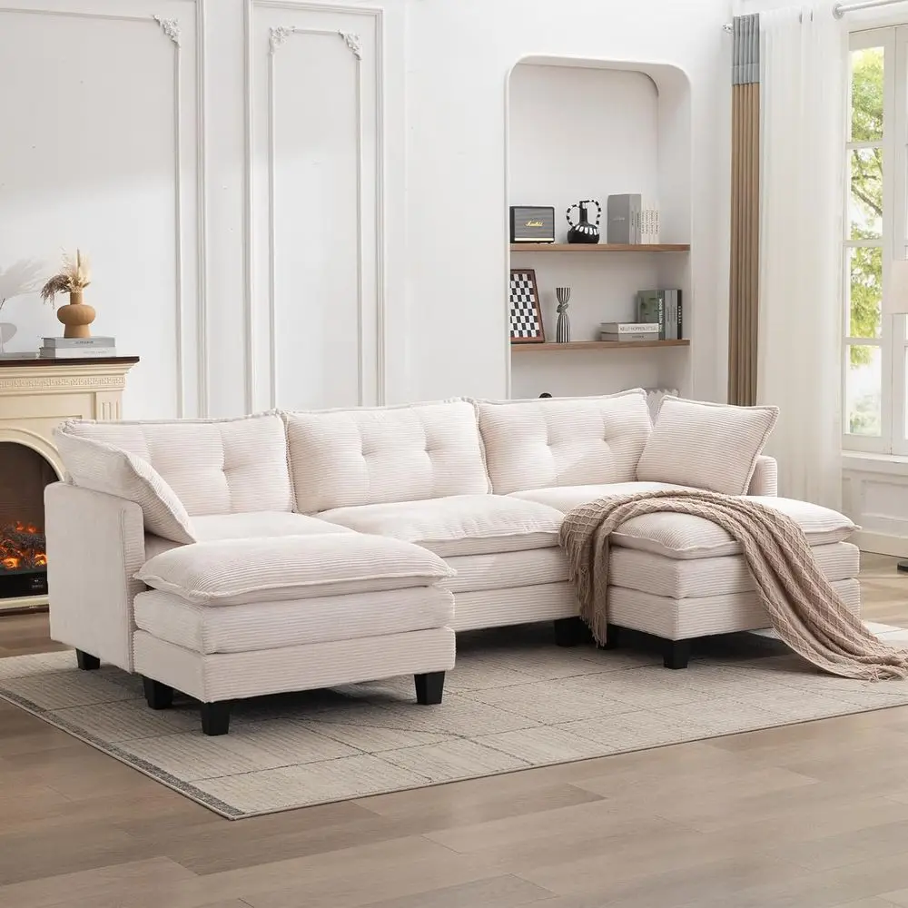 

3-Seat U-Shape Sectional Sofa with 2 Ottomans, Corduroy, Solid Wood & Metal Frame, 250 lbs Capacity, Beige