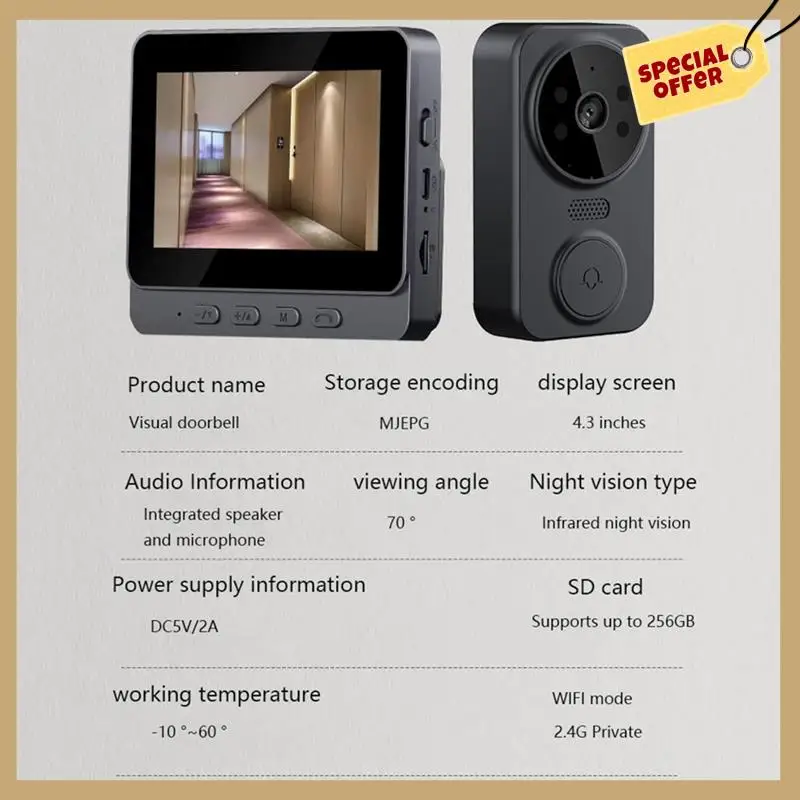 Timbre de vídeo con cámara nocturna HD, USB C, 2,4 Ghz, voz bidireccional, 1080P, lente gran angular, timbre de vídeo para casa y apartamento