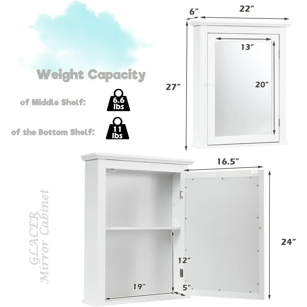 Armário espelhado de parede com armazenamento e prateleira ajustável para banheiro