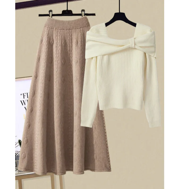 Fall Winter Knitted 2 Pieces Sets Women Outfits Sweet Korea Fashion Elegant Bow Collar Sweater+high Waist Skirt Set Clothing