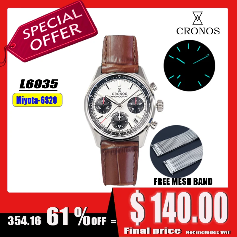 

Cronos новые кварцевые мужские часы с хронографом Miyota 6S20 38,5 мм, черный и белый циферблат с пандой, сапфировый, водонепроницаемый, 10 бар, BGW-9 L6035