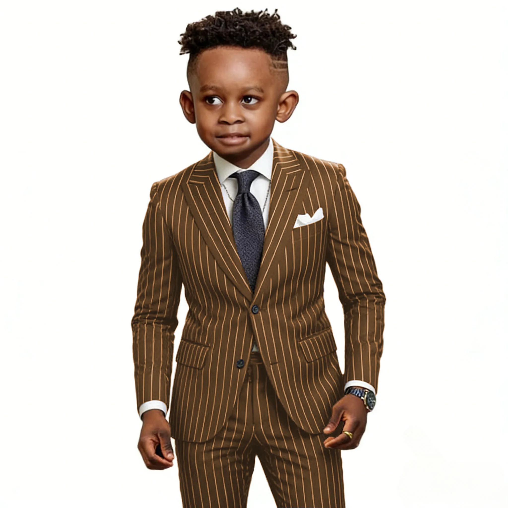 

Flower Boys Suits 2 Piece Brown Striped Formal Blazer Pants Stage Kids Elegant Performance Clothes Wedding Children Tuxedos