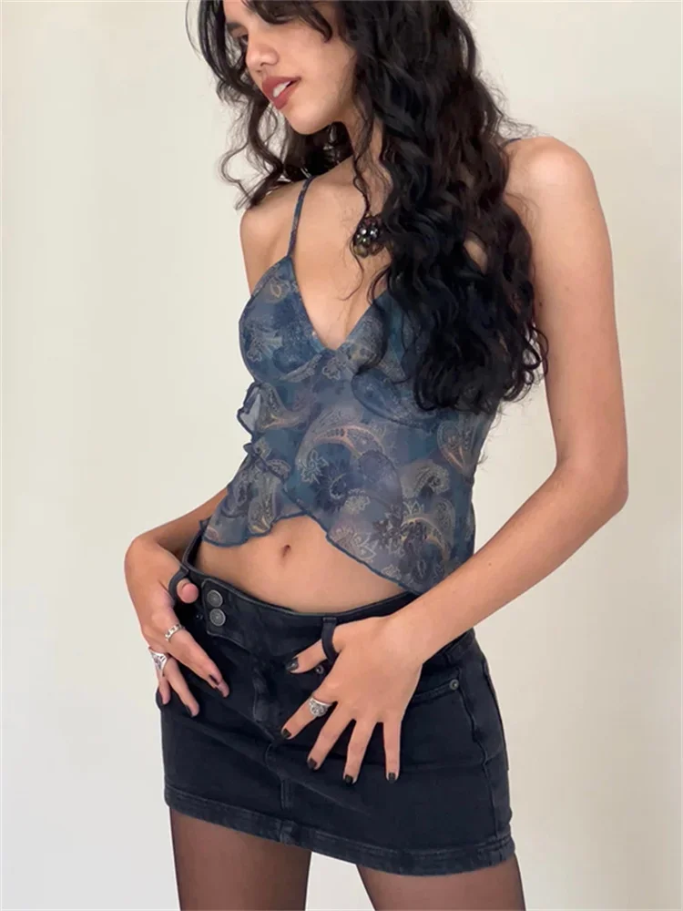 Y2K Stampa Canotta Donna Sexy Collo basso Maglia Patchwork Ruffles 2025 Tendenza estiva Classico Backless Streetwear Canotte