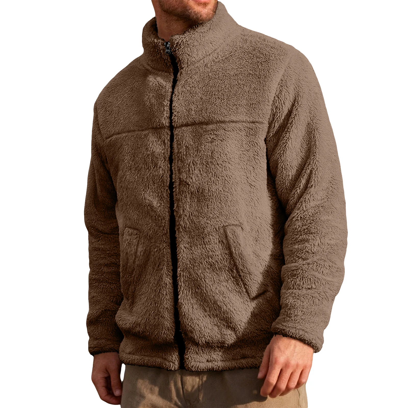 

Men’s Zip Up Coat Long Sleeve Stand Collar Solid Color Casual Lightweight Warm Fleece Jacket with Pockets